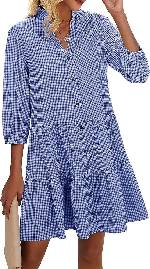 Dress made getting dressed suspiciously easy — Cctoo Women's Summer Dresses Casual V Neck Button Down 3/4 Sleeve Floral Print Loose Flowy Shirt Dress