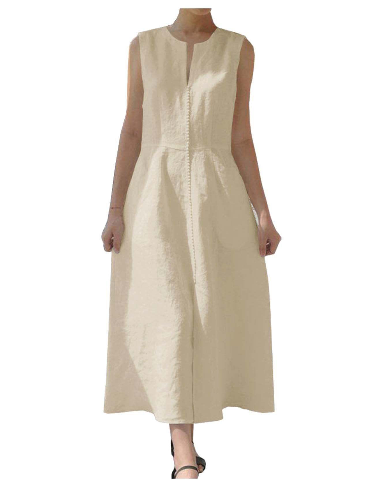 Dress under the golden-hour sky — Ladyful Women's Sleeveless Cotton Linen Midi Dress V Neck A Line Tank Dress
