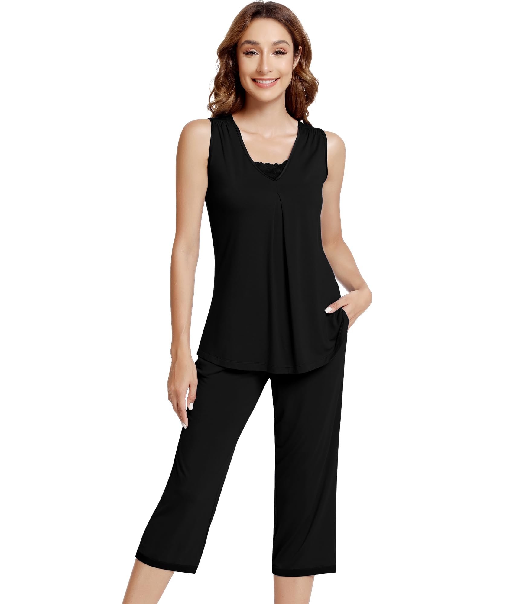 The coffee run deserved Lightweight Jacket — Nachila Bamboo Viscose Cooling Pajamas for Women Sleeveless Capri Pjs Set