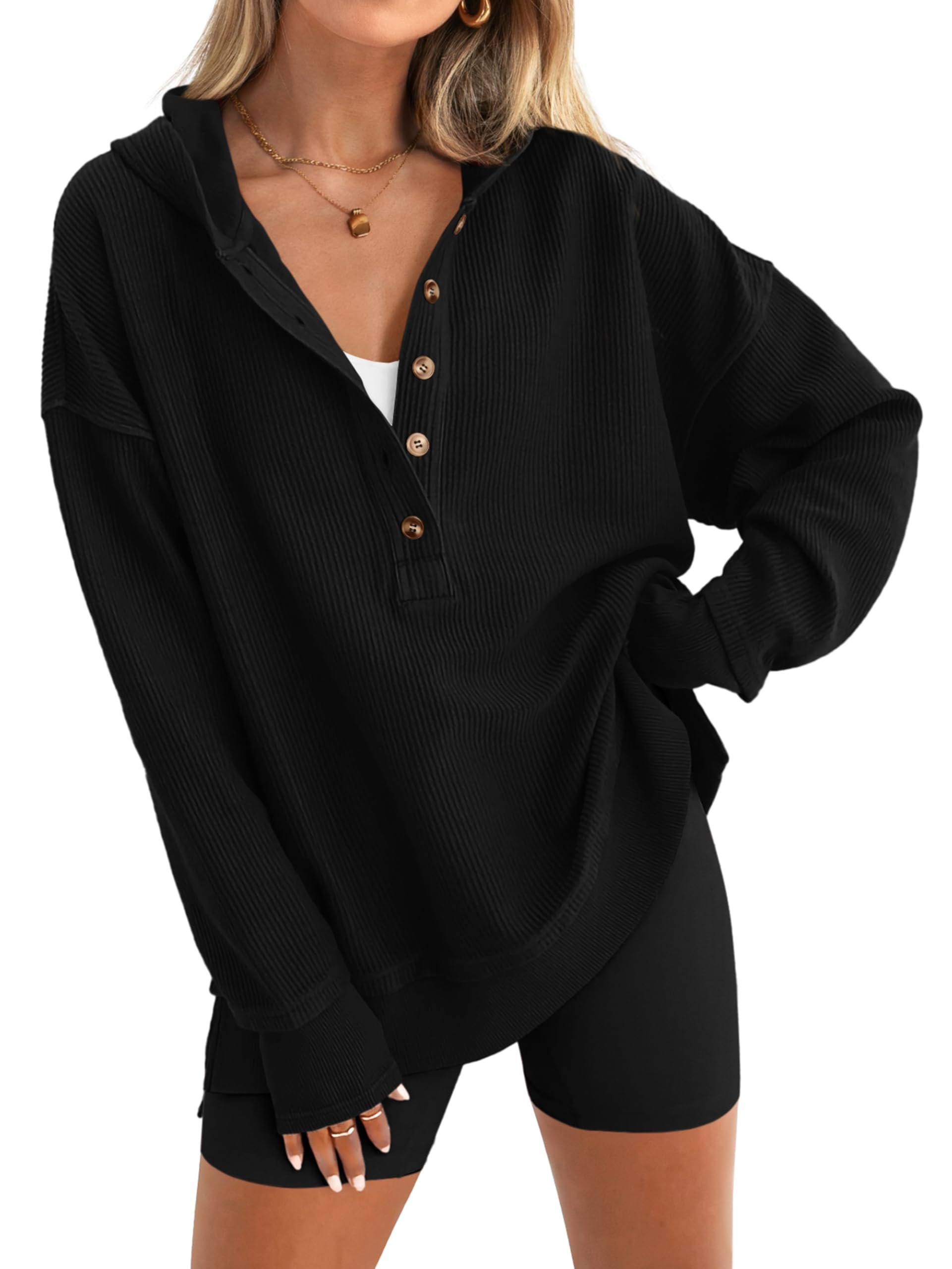 Cloudy with a chance of Sweatshirt — Prettygarden Womens Oversized Sweatshirt Button Down Hoodie