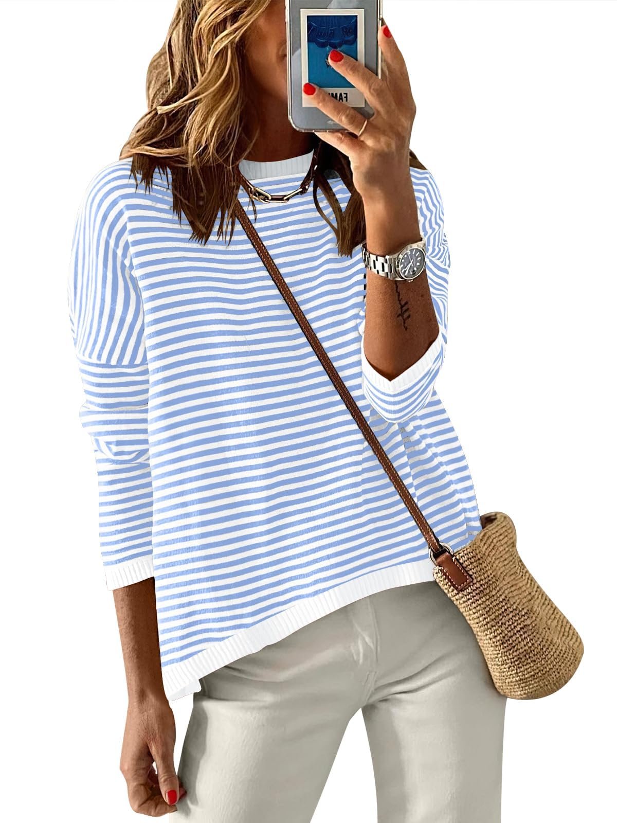 Shirt: proof I can dress and tell a joke — Anrabess Sweaters for Women Striped Top Long Sleeve Shirts Fall Outfits