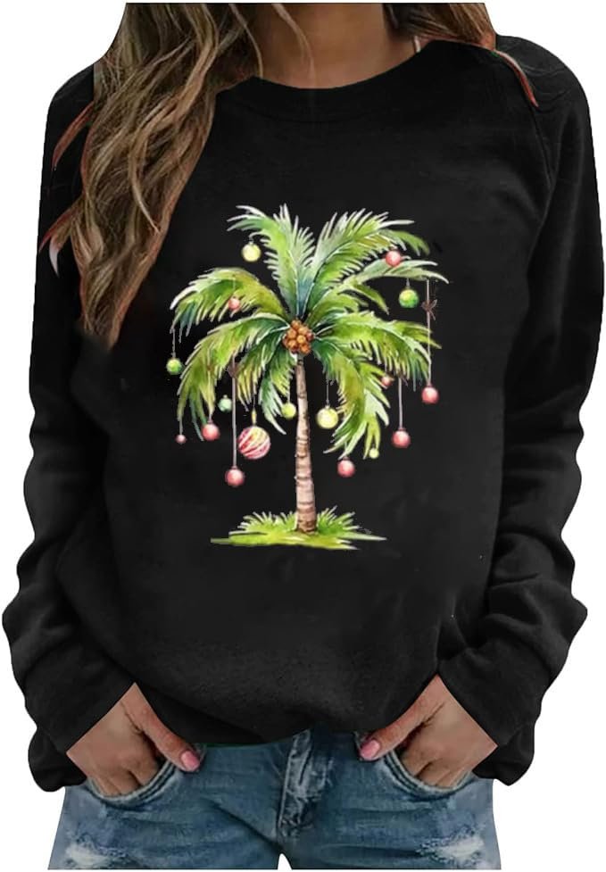 I wore Sweatshirt; the day developed a personality — Llhxrui Christmas Palm Tree Sweatshirt for Women Funny Hawaiian Beach Tropical Xmas Pullover Long Sleeve Christmas Shirt Top