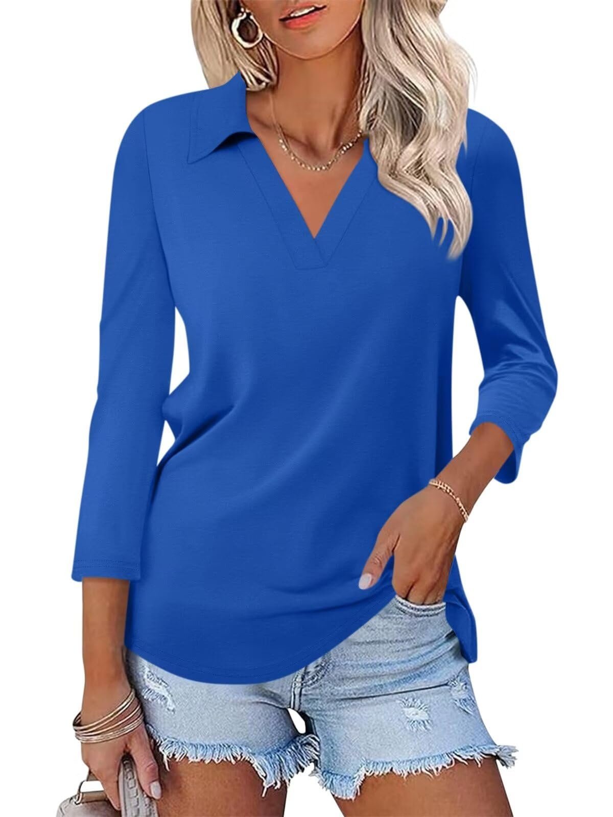 Shirt is sew ready — Orandesigne Womens 3/4 Length Sleeve Tops Collared V Neck Polo Shirts