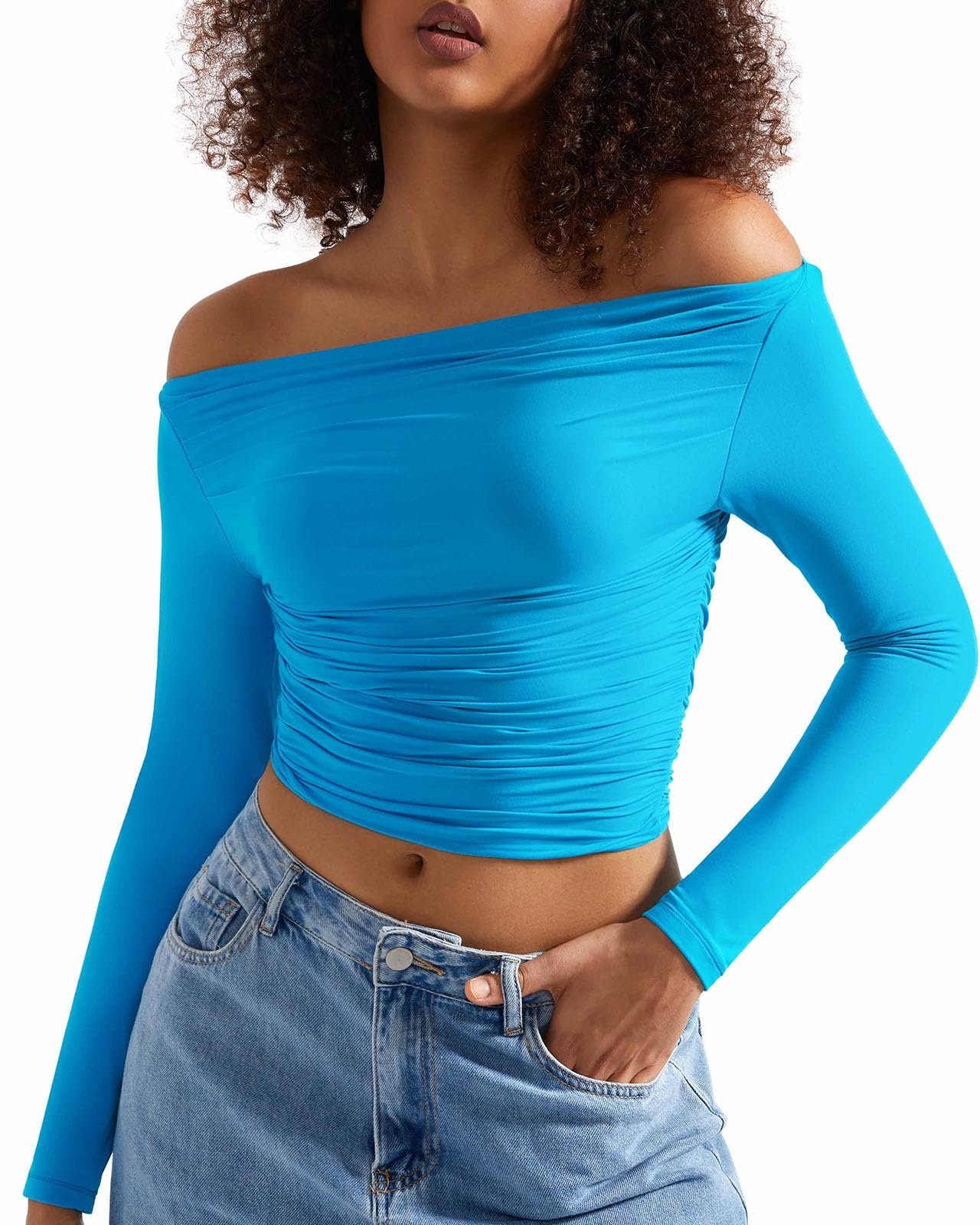 Cold front, warm welcome for Double-Lined Cropped Shirt — Suuksess Women Long Sleeve Shirts Double Lined Off Shoulder Fitted Crop Top