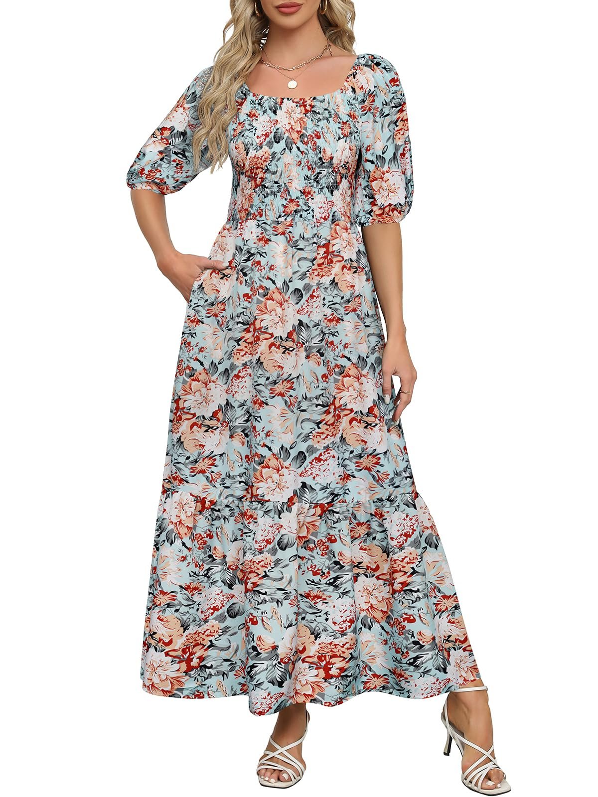 Square-Neck Dress made getting dressed suspiciously easy — Lyrur Summer Boho Smocked Maxi Dresses for Women Casual Puff Sleeve Square Neck A Line Tiered Ruffle Ankle Length Dress