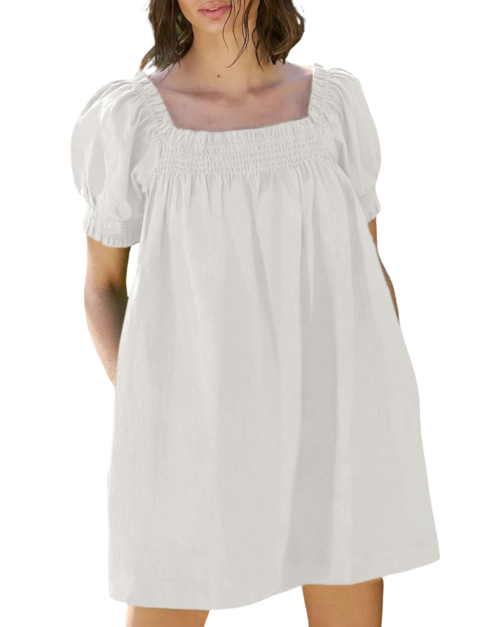 Square-Neck Shorts made getting dressed suspiciously easy — Huaqiao Womens Summer Mini Dress 2026 A-Line Square Neck Puff Sleeve Beach Sundress Casual Short Dress with Pockets