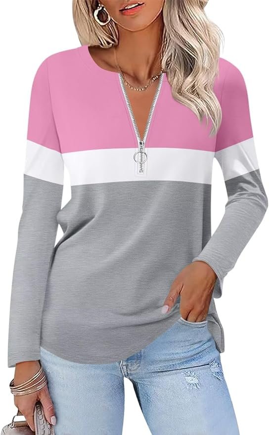 The outlook is bright for Blouse — Orandesigne Women's Long Sleeve Shirts Fall Zipper Tops Tunics Ladies Casual Tees Blouses