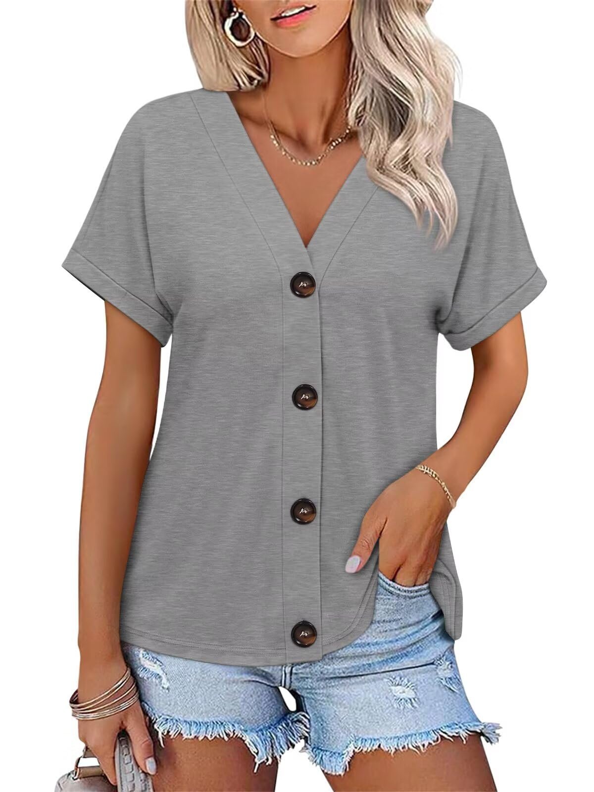 Wind advisory: Shorts may steal the scene — Orandesigne Women's Short Sleeve Button Down Tops V Neck Summer Shirts