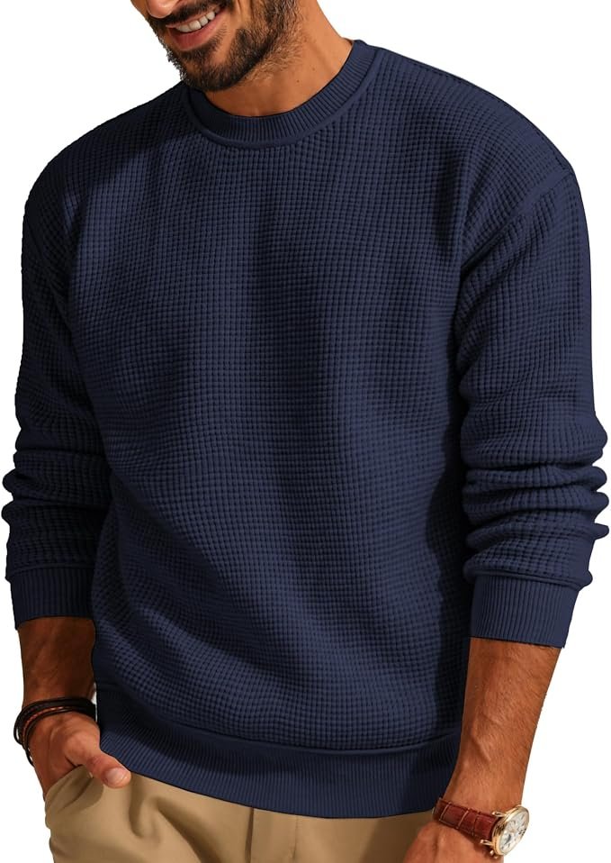 The schedule said casual; Top heard camera-ready — Pj Paul Jones Mens Waffle Knit Sweater Crewneck Pullover Sweaters