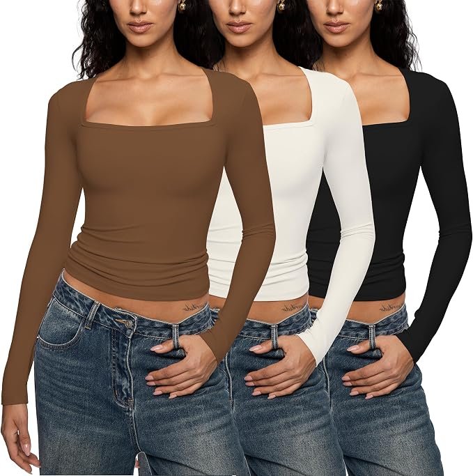 I told Square-Neck Shirt a joke. It was in stitches — Enerful Square Neck Long Sleeve Shirts for Women