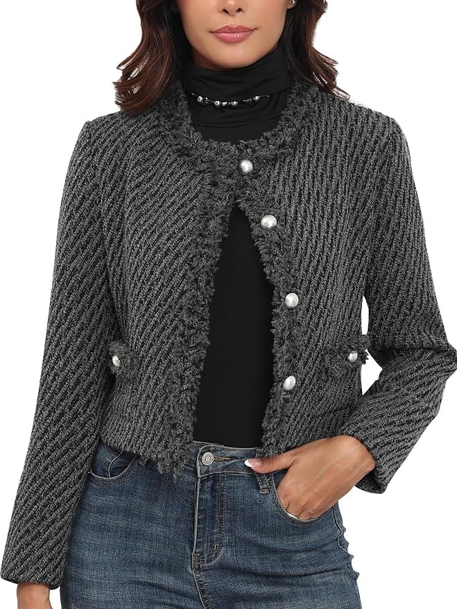 No loose threads in this Cropped Blazer argument — M.Infisavo Tweed Blazer Jackets for Women with Pockets, Cropped Long Sleeve