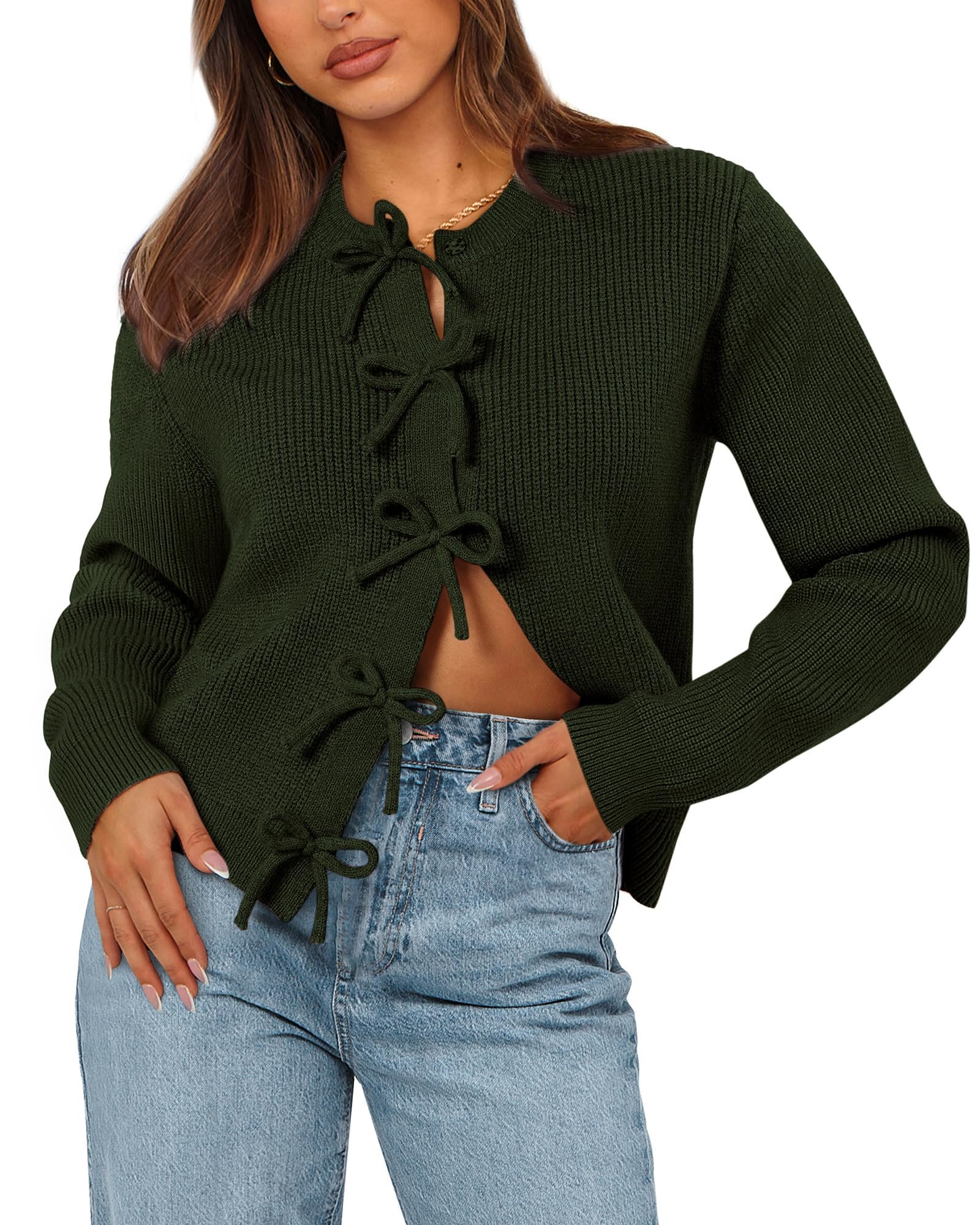 Cropped on top, relaxed below, smug in between — Btfbm Bow Cardigan for Women Long Sleeve Cropped Sweaters