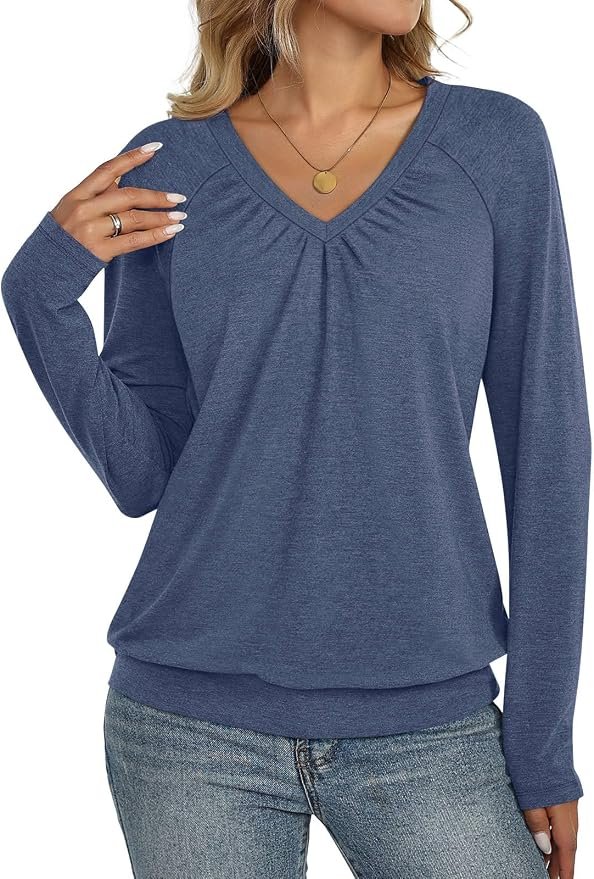 The coffee run deserved Dress — Eachyes Womens V Neck Long Sleeve Shirts Banded Bottom Pleated Tops Fall Dressy Casual Blouses 2026