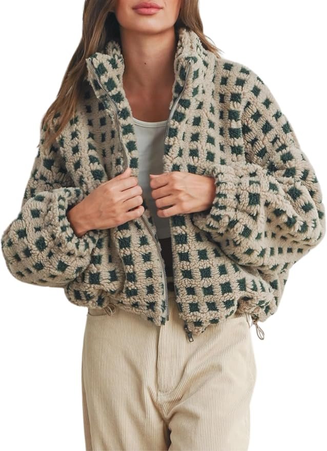 POV: Cropped Jacket solved the outfit question — Esmeling Women’s Long Sleeve Cropped Sherpa Fleece Plaid Jacket Casual Chunky Teddy Fleece Outerwear