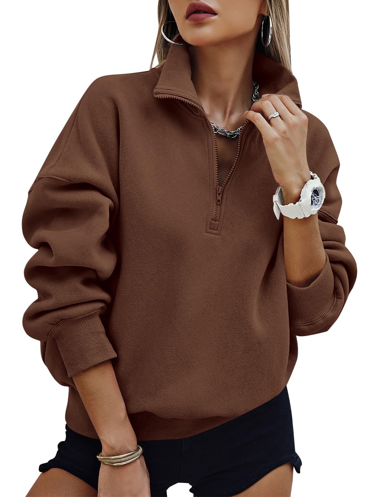 Half-zipped and hiding in the elevator — Prettygarden Womens Half Zip Oversized Sweatshirts Fleece Hoodies Trendy