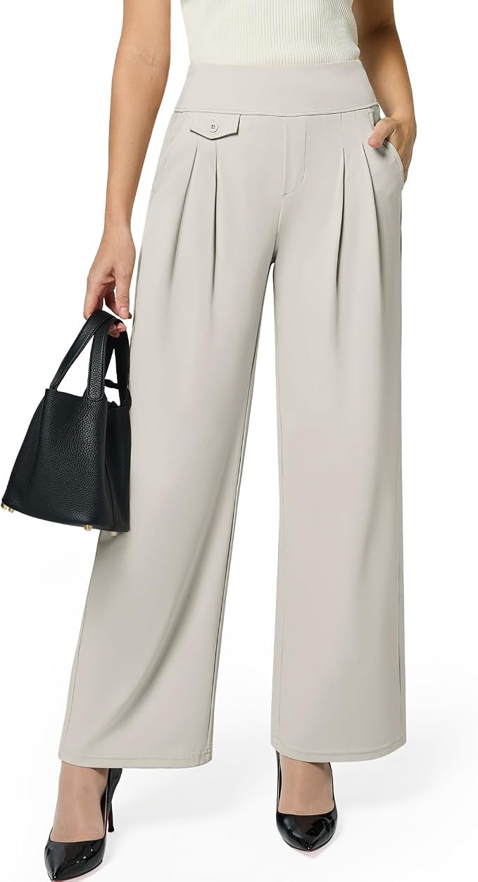 POV: Cropped Jacket solved the outfit question — Hispotim Womens Wide Leg Pants Pull On High Waist Stretch Dress Business Casual Yoga Work Pants with 5 Pockets