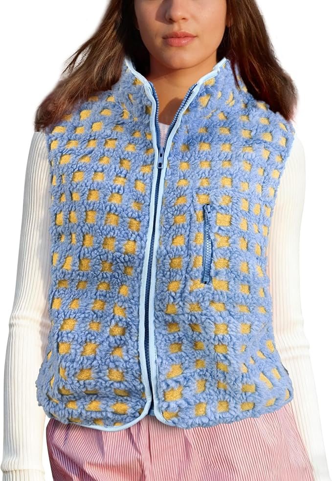 Sun out, Jacket on — SeeLuNa Plaid Fleece Vest Women Sleeveless Sherpa Vest Full Zip Jacket