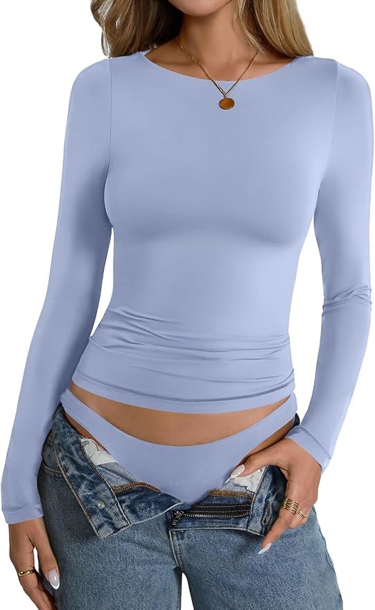Fit check: Double-Lined Boat-Neck Shirt chose the whole mood — EasyGala Womens Double Lined Long Sleeve Shirts Boat Neck Going Out Tops