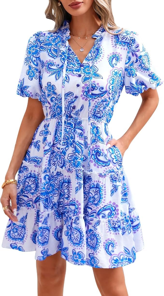 Shorts made a regular day look interesting — Btfbm Women Summer Floral Short Dresses, V Neck, Short Sleeve, Tiered Ruffle Boho, A-Line, Mini, Beach Dess, Vacation Outfits