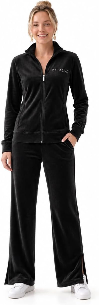 Wide-Leg Jacket made getting dressed suspiciously easy — Predagear Womens Velour Tracksuit 2 Piece Outfits Zip-Up Mock Neck Jacket & Wide Leg Pants Airport Travel Lounge