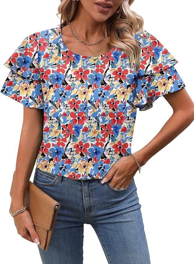 Noon mirror, zero regrets, one flutter — Apoou Womens Tops Dressy Casual Floral Crewneck Flutter Sleeve Tops Flowy Shirts Chiffon Blouses Business Clothes