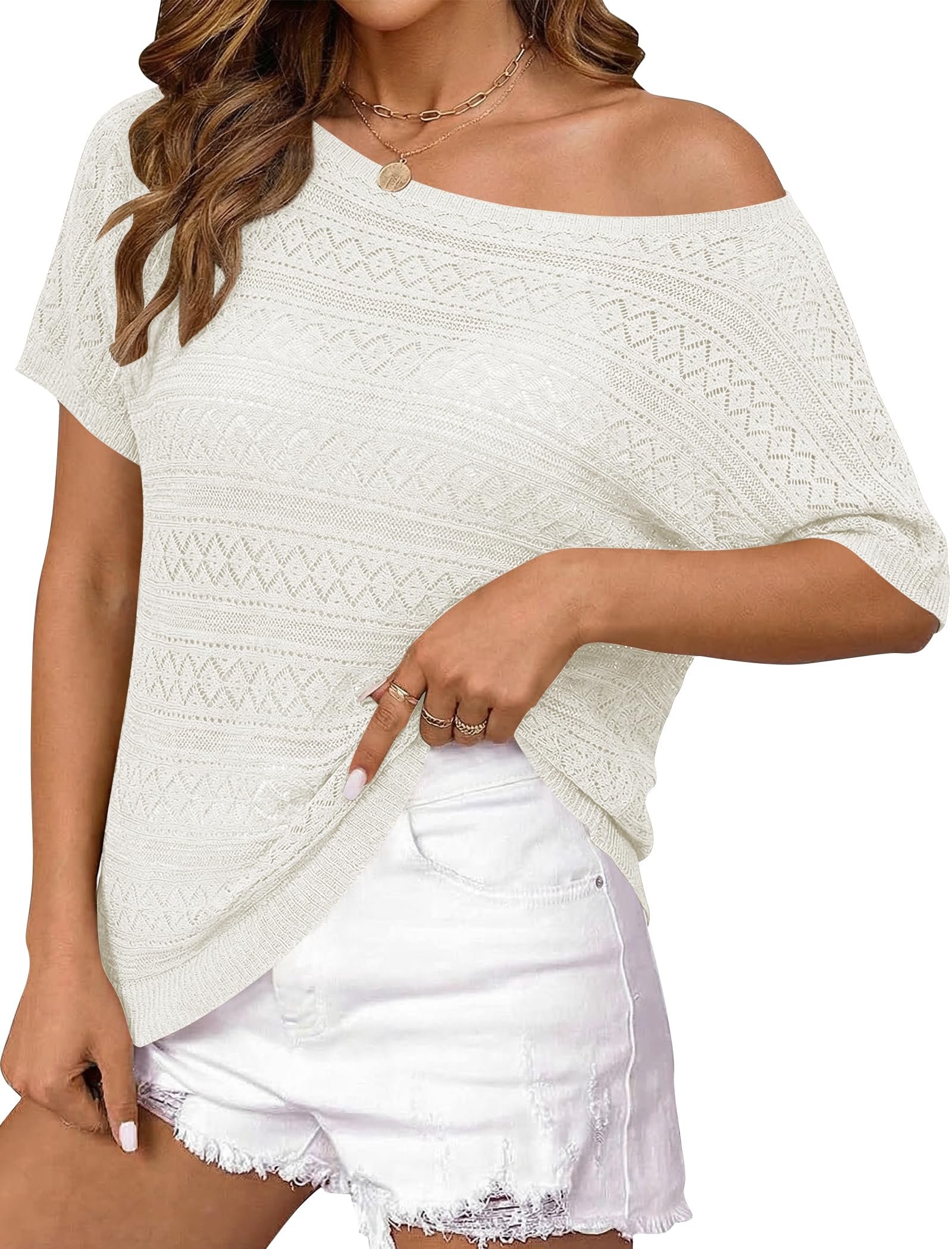 Shorts walked into a closet and raised the bar — Cakulo Womens Crochet Off Shoulder Short Sleeve Knit Top Sweater