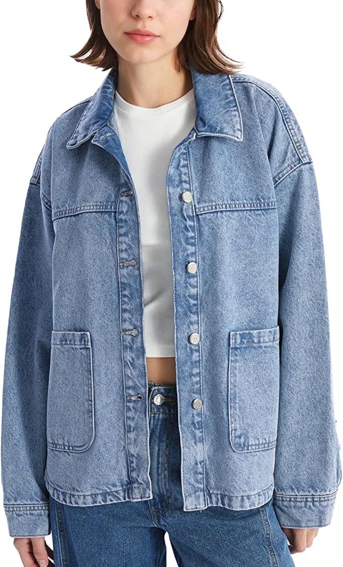 Jacket have me hemming and hawing — Hixiaohe Oversized Jean Jacket for Women Trendy Button Denim Shirt Jacket