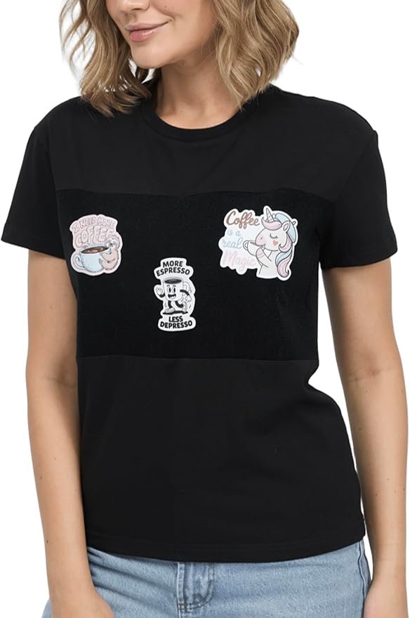 A well-suited punchline featuring T-Shirt — Stickerblend Women's Cotton T-Shirts with Sticker? (US, Alpha, Medium, Regular, Regular, Coffee)