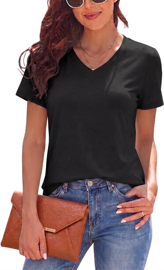 Baggy jeans, small tee, big lobby confidence — Hilor Women's Cotton Short Sleeve T Shirts Basic Summer V Neck Tee Tops