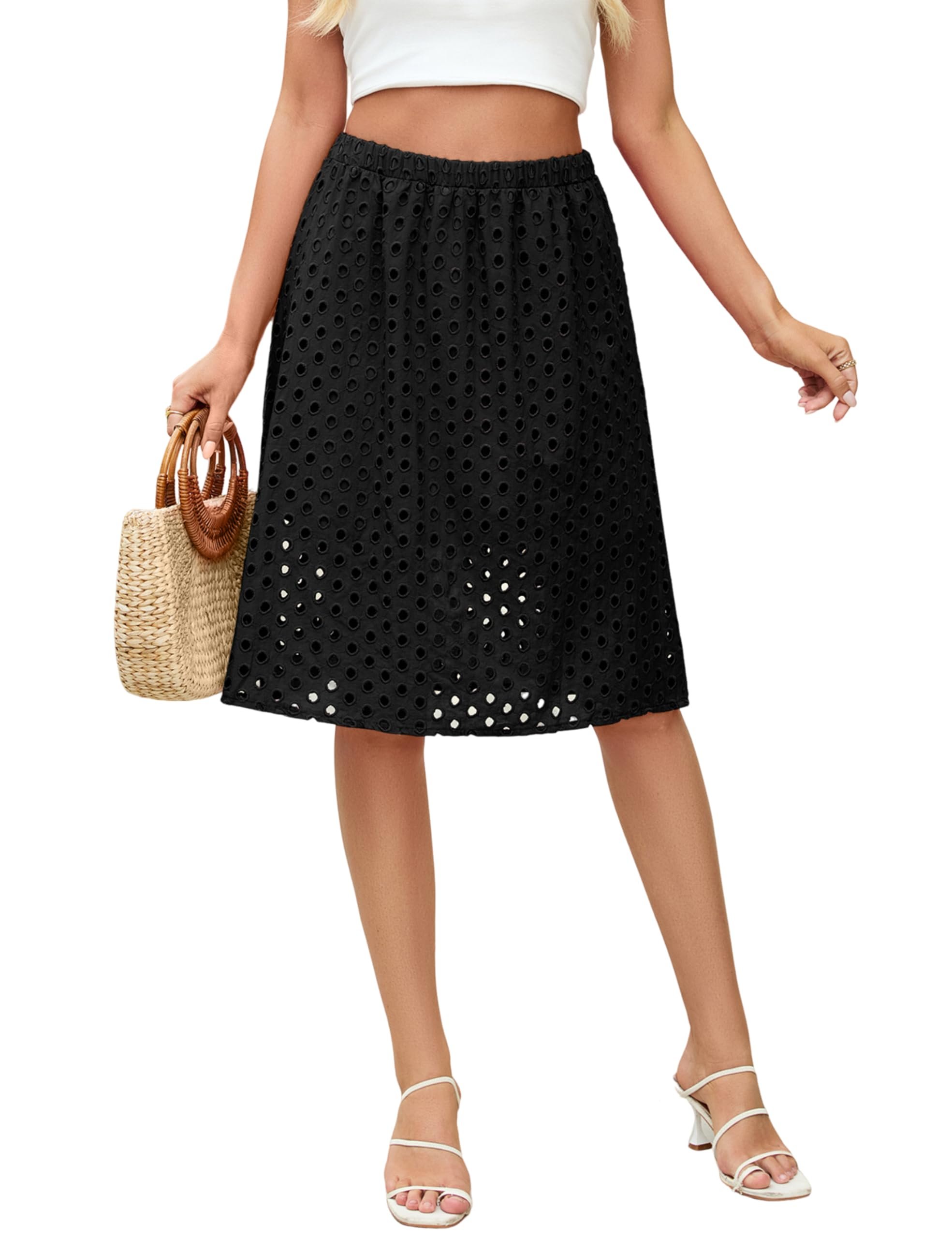 The coffee run deserved Shirt — Ailoqing 2026 Summer Casual Midi Skirt for Women Cotton Eyelet Skirt with Underneath Beachwear Skirt