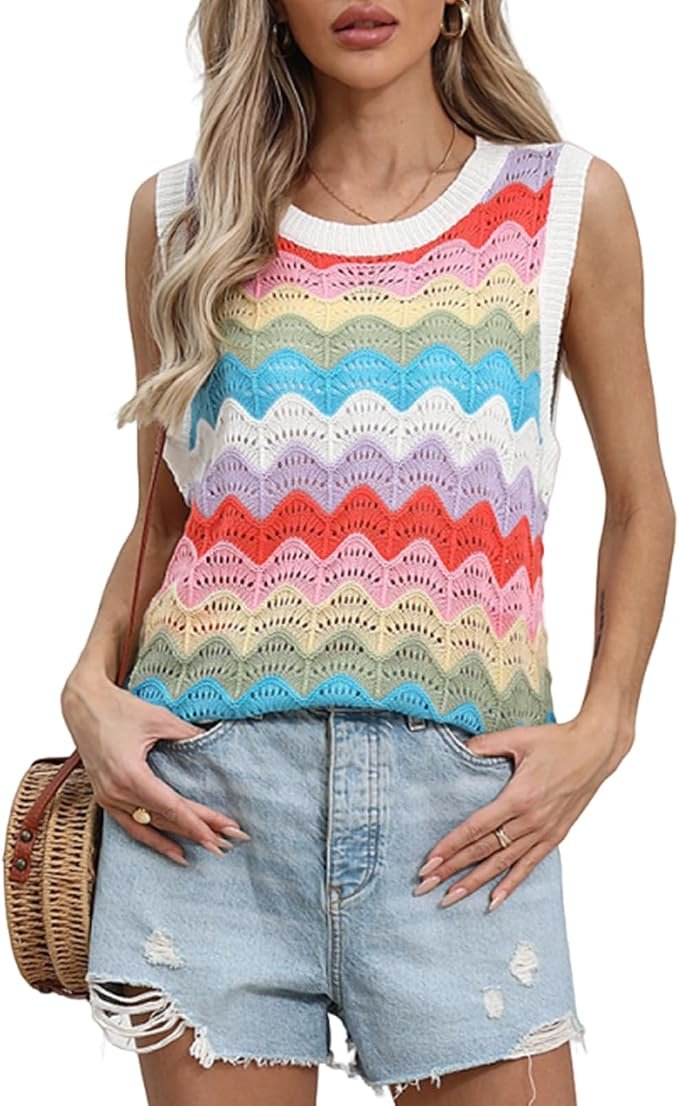 Lightweight Jacket brought its own sunshine — Allifewithu Women's Sleeveless Crew Neck Lightweight Colorful Striped Sweater Vest Top