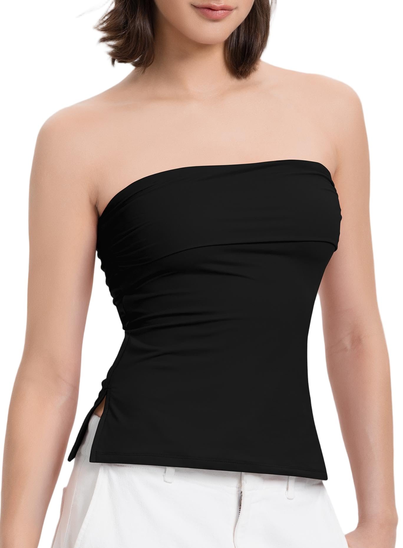 Wind advisory: Strapless Tank Top may steal the scene — Flyshewin Women Tube Tops Sexy Double Line Going Out Trendy Strapless Side Split Tank Tops