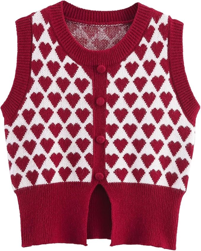 The outfit detail I almost overlooked: Jacket — Cufezn Womens 2026 Spring Sweater Vest Cute Heart Print Sleeveless Round Neck Knit Going Out Top