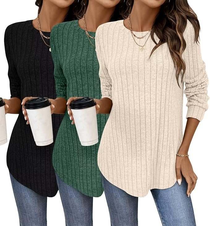 Shirt made casual look intentional — Bliwov 3 Pack Womens Curved Hem Long Sleeve Shirts Fall Sweaters Tunic Tops