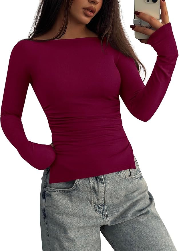 The schedule said casual; Boat-Neck Shirt heard camera-ready — Kirundo Long Sleeve Shirts for Women 2026 Fitted Boat Neck Going Out Tops
