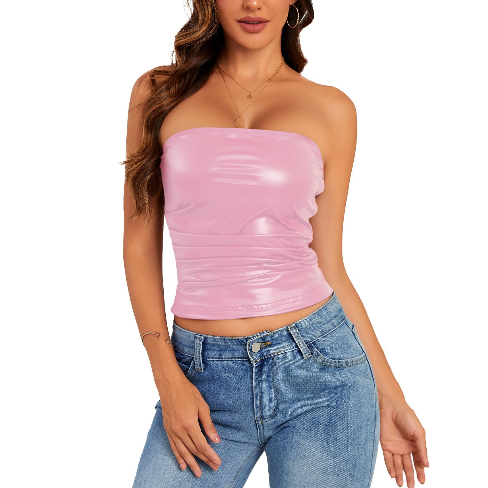 Styling Strapless Ruched Tank Top for a everyday look — Waist Wow Women's PU Leather Tube Top Strapless Ruched Tank Tops Sexy Bandeau Going Out Shirt Partywear Club Concert Outfit