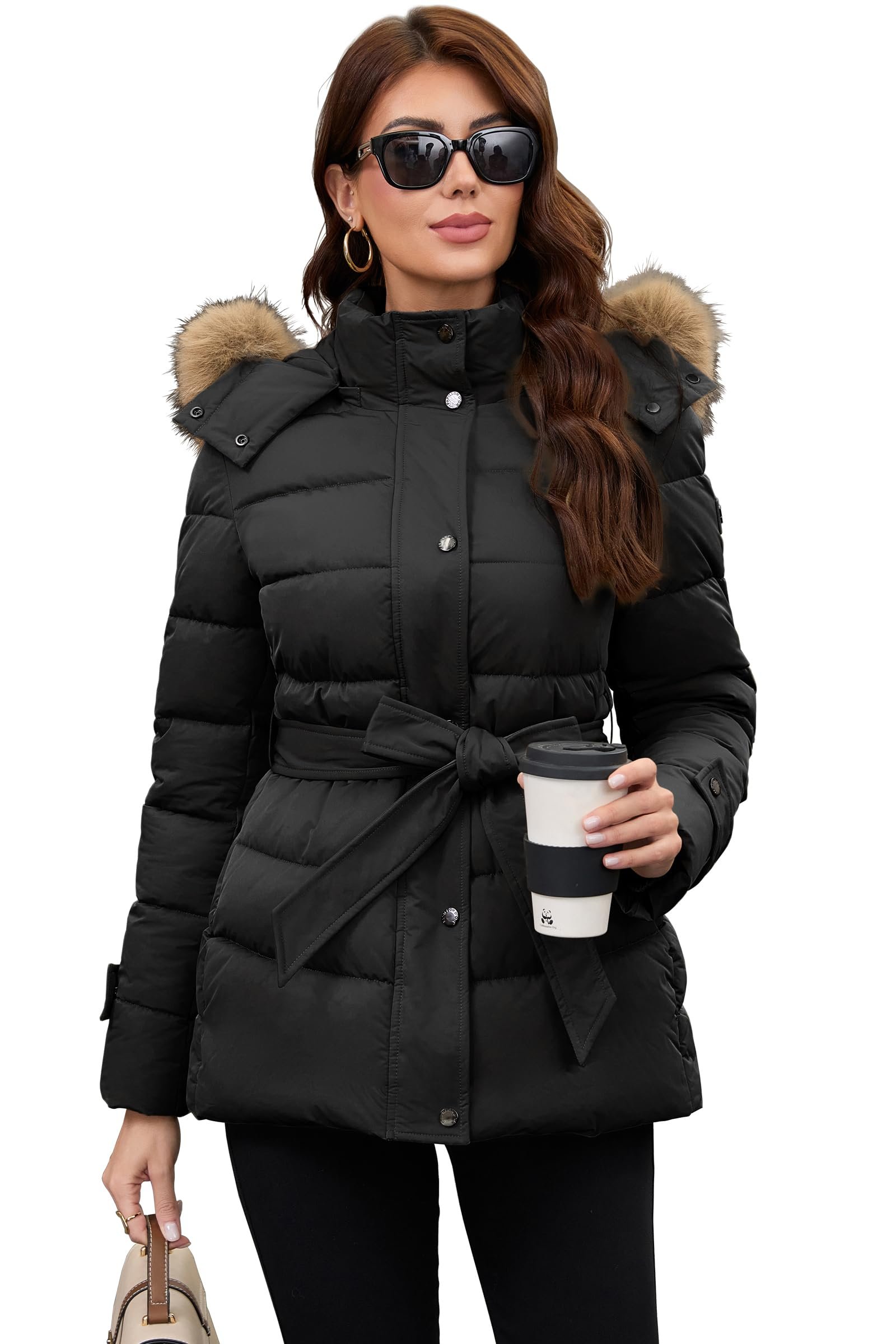 Jacket changed the energy of this look — Papillon D'Or Wear Your Wings Women's Belted Mid-Length Puffer Coat - Detachable Faux Fur Collar Winter Jacket