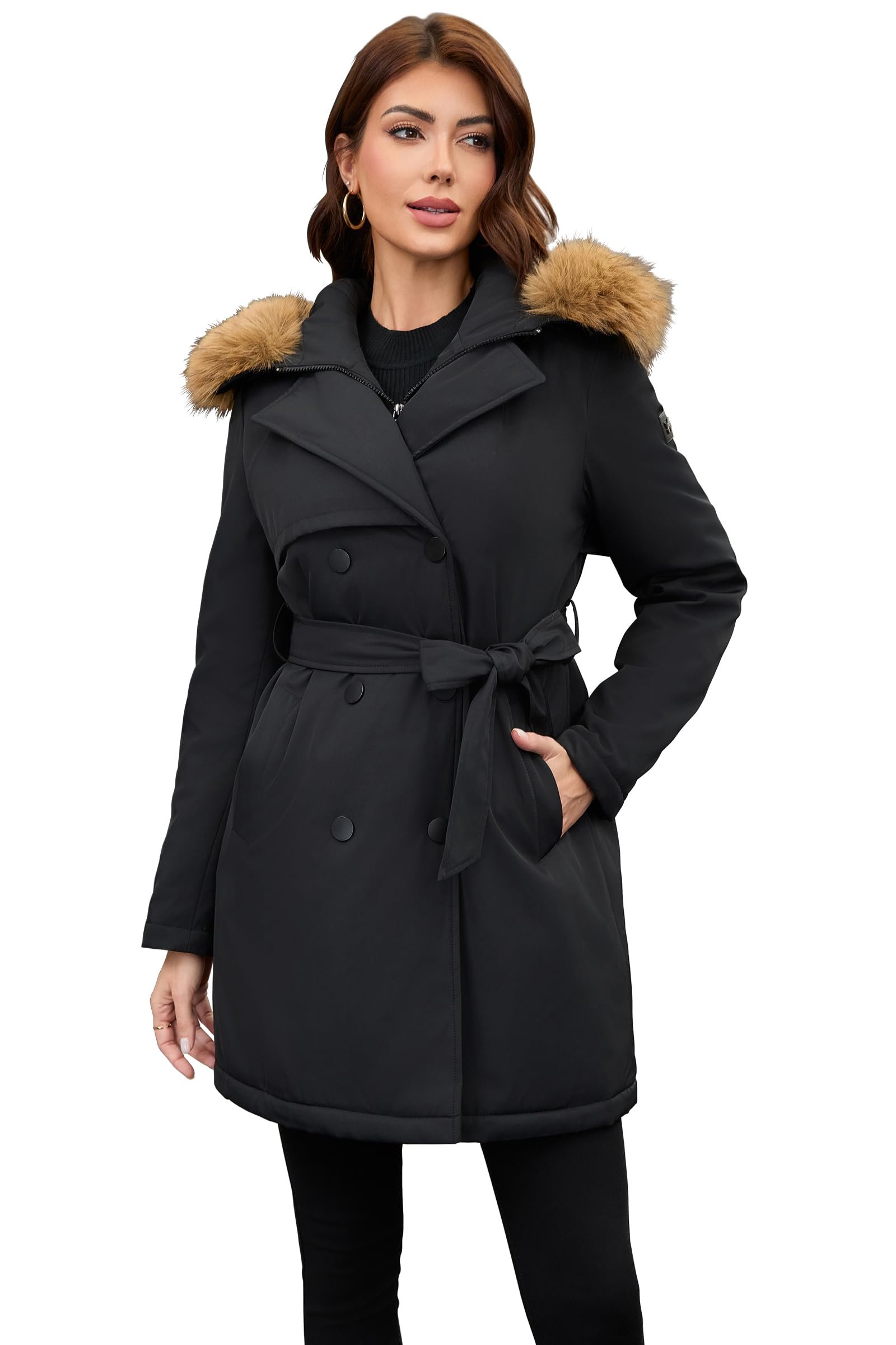 Jacket is carrying this outfit — Papillon D'Or Wear Your Wings Women's Trench Coat - Mid-Length Belted Detachable Faux Fur Collar Jacket