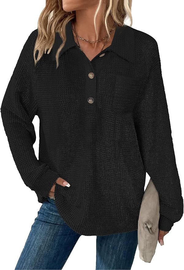 Three-pack pants, one very good day — Balivsa Womens Tops Waffle Knit V-Neck Long Sleeve T-shirts Button Down with Pockets Tunic Fashion Clothing