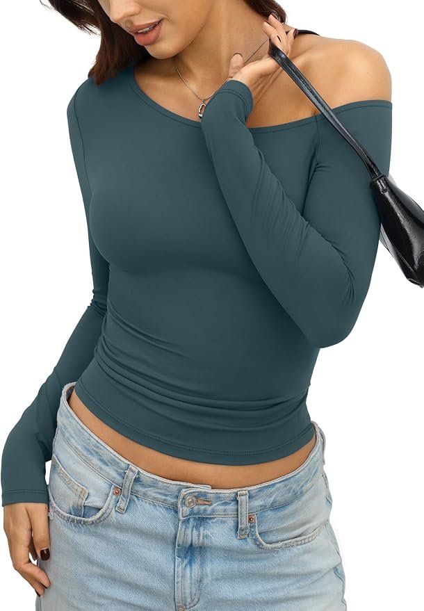 Wind advisory: Shirt may steal the scene — Eachyes Womens Off Shoulder Tops Tight Long Sleeve Shirts Going Out Clothes