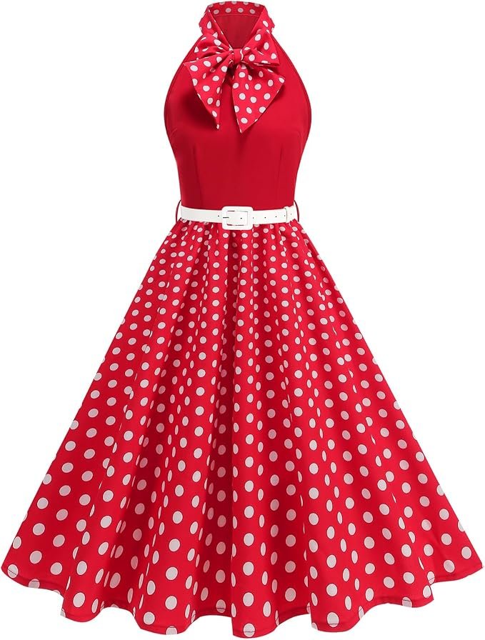 Partly cloudy, fully styled in Dress — Odizli 1950s Dress for Women Retro Sleeveless Tie Neck Polka Dot Swing Dress with Belted Evening Party Cocktail Dresses