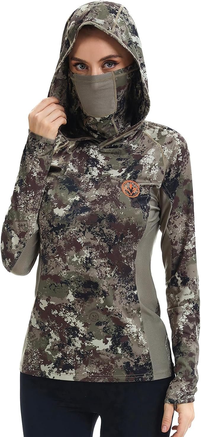 Camo in a room full of green — Bassdash Women's UPF 50+ Camo Hunting Hoodie with Neck Gaiter Breathable Performance Long Sleeve Fishing Hooded Tee FS03W