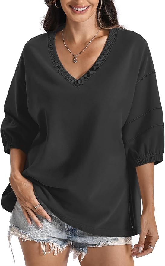 Cold front, warm welcome for Lightweight T-Shirt — EasyGala Womens Cotton V Neck Sweatshirt 3/4 Sleeve Slouchy Fit Tops Trendy Slit Shirt Casual Fall Lightweight Outfits