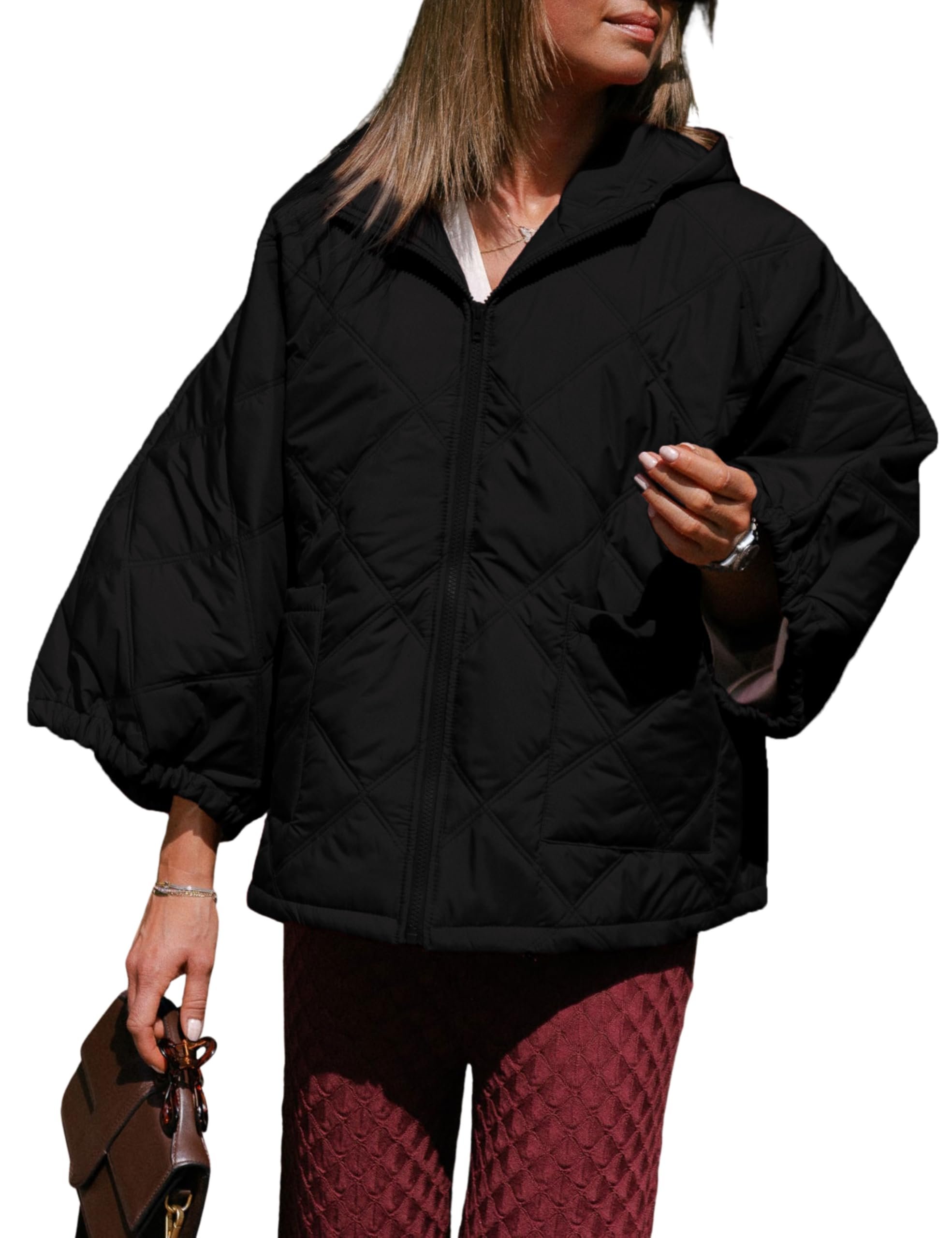 Quilted on top, fleece below, judgment-free zone — Fiona Jolin Women 3/4 Sleeve Quilted Jackets with Hood