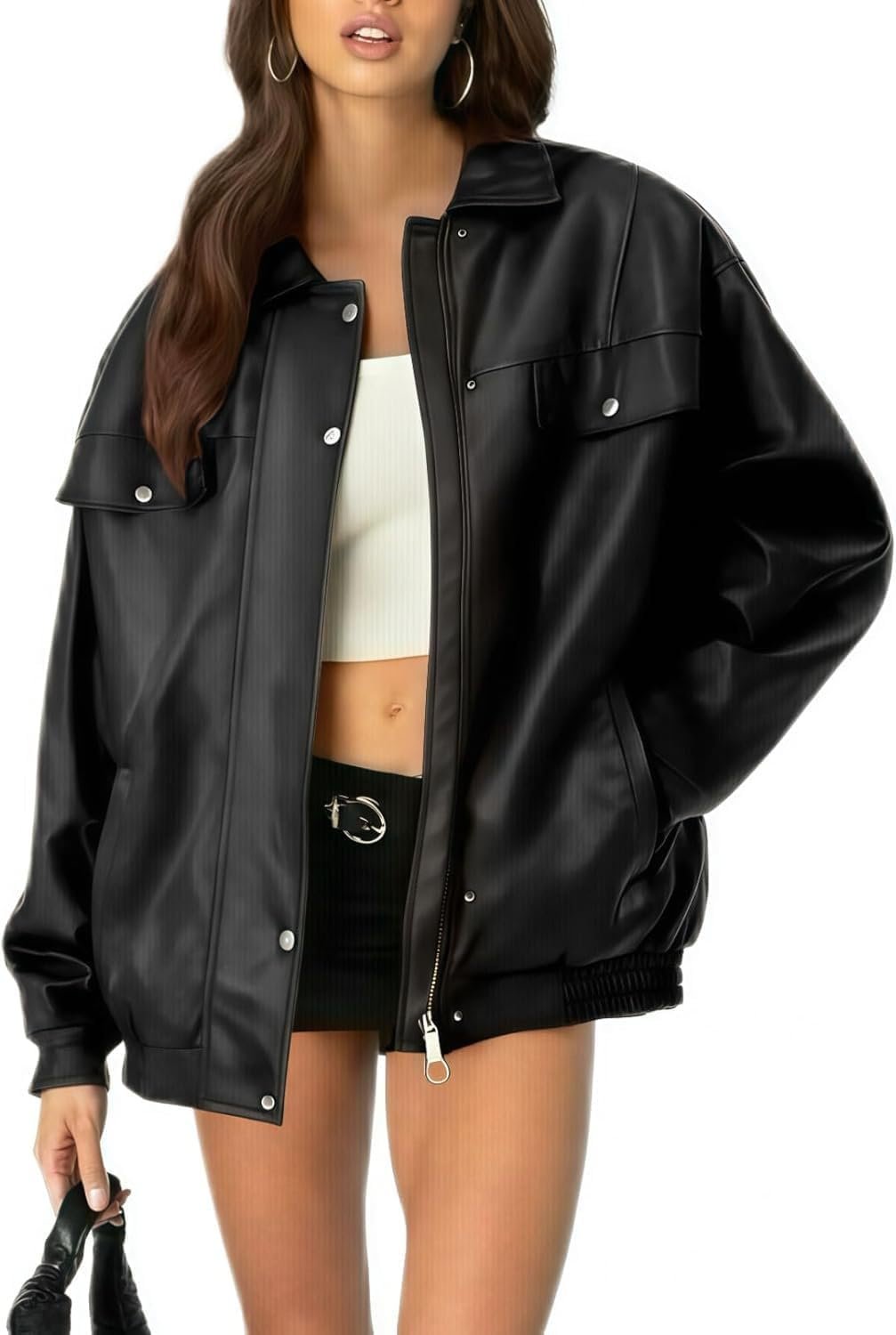 Styling Jacket for a golden-hour look — Visit the hathne Store hathne Women's Oversized Leather Jacket PU Vintage Zip Up Motorcycle Coat