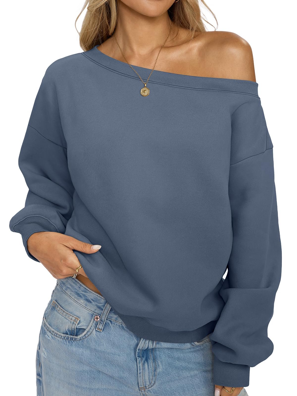 Sweatshirt brought its own sunshine — EasyGala Womens Fleece Off Shoulder Sweatshirts Oversized Fall Pullover Top