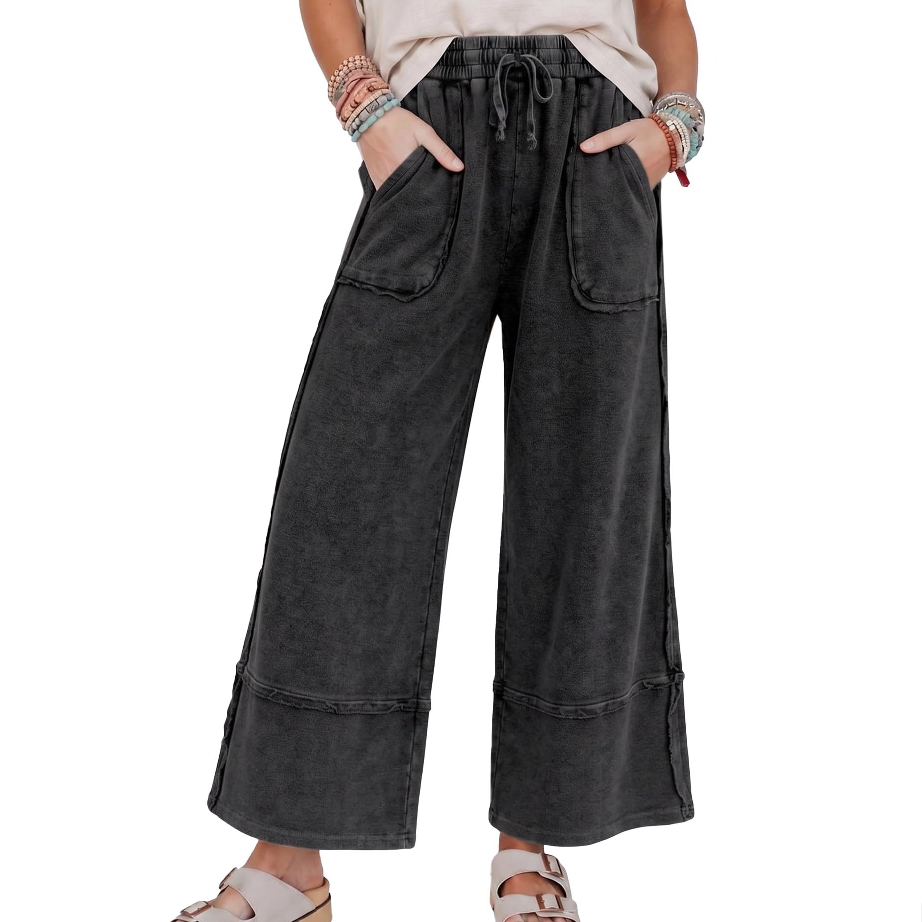 Jacket changed the energy of this look — Yioaga Women Mineral Washed Wide Leg Sweatpants Baggy Pants with Pockets