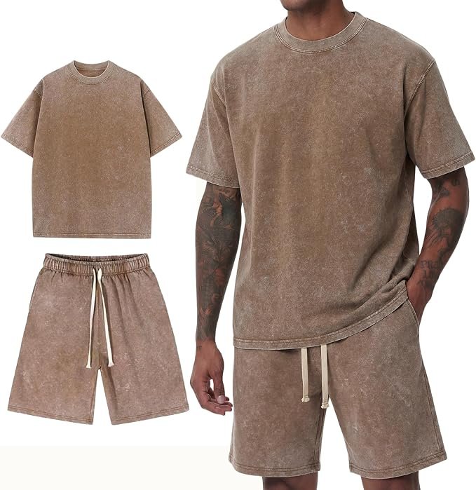 Sun out, T-Shirt on — Arssm Mens Short Sets Outfits 2 Piece Summer Outfits Oversized T-Shirt Shorts Set Acid Wash Short Sleeve Tracksuit