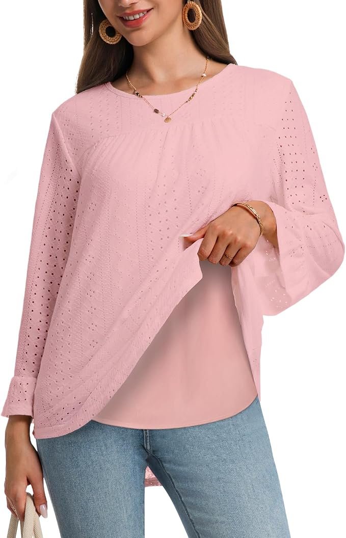 Dress brought its own sunshine — Magicatelier Women Boho Double Layered Crewneck Tunic Eyelet Tops Loose Fit Dressy Cute 3/4 Sleeve Casual Blouses Shirts 2026