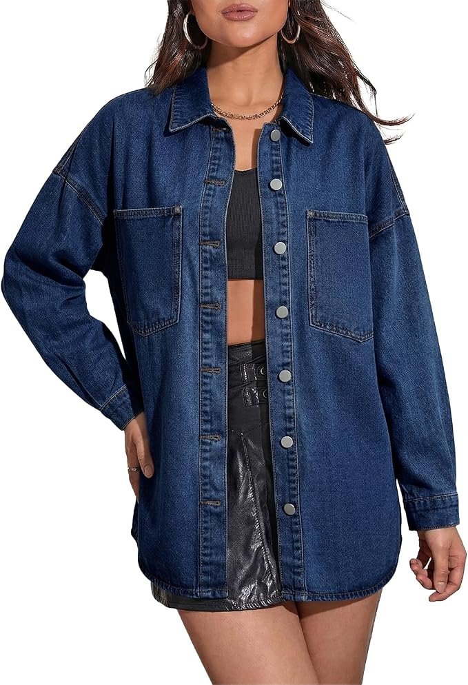 Half-zipped and hiding in the elevator — Actiforterras Women's Oversized Denim Shirt, Button Down Jean Shacket with Pockets